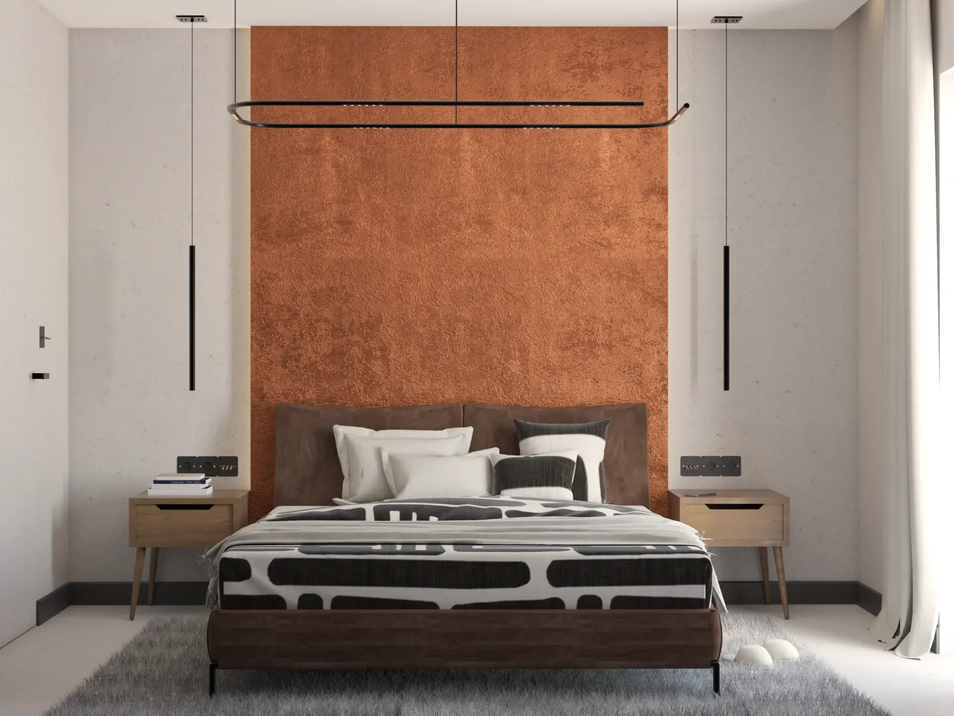 Stylowa i komfortowa sypialnia z dużym łóżkiem, zagłówkiem i drewnianymi stolikami nocnymi, idealna dla osób ceniących wygodę i nowoczesny wystrój.