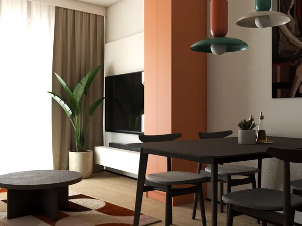 Salon z jadalnią w nowoczesnym stylu – drewniany stół, wygodne krzesła i przytulna przestrzeń do codziennego życia.